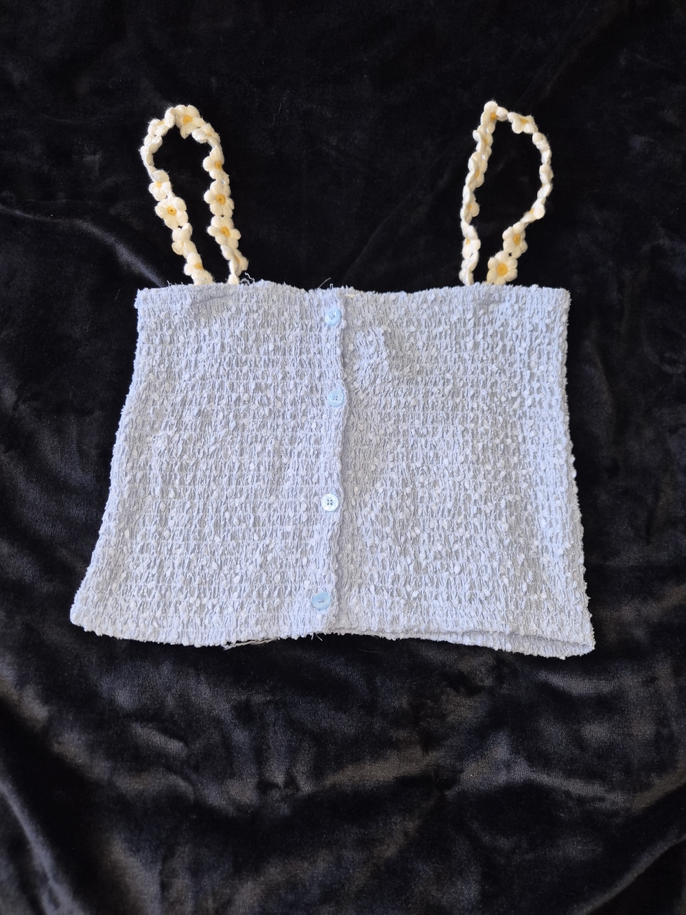Source Unknown Light Blue Smocked Crop Top with Yellow Daisy Straps